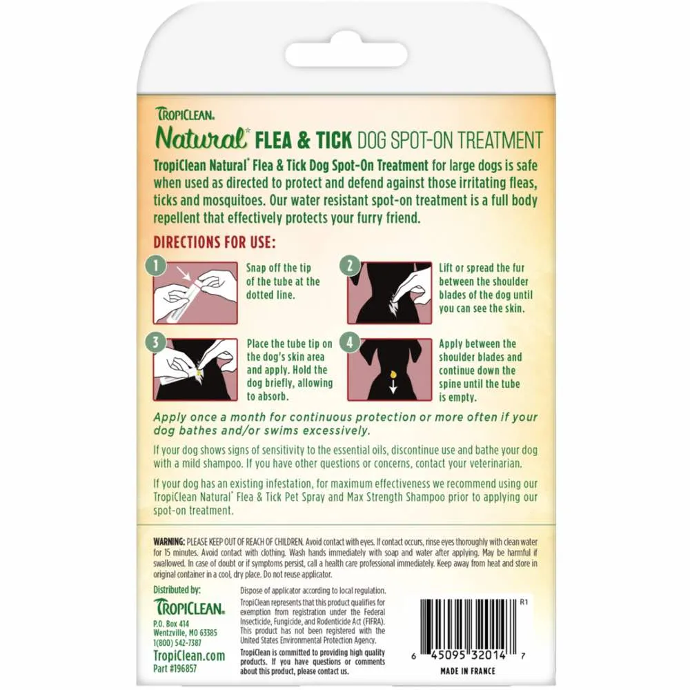 15% OFF: TropiClean Natural Flea & Tick Dog Spot-On Treatment (Large) 4ct