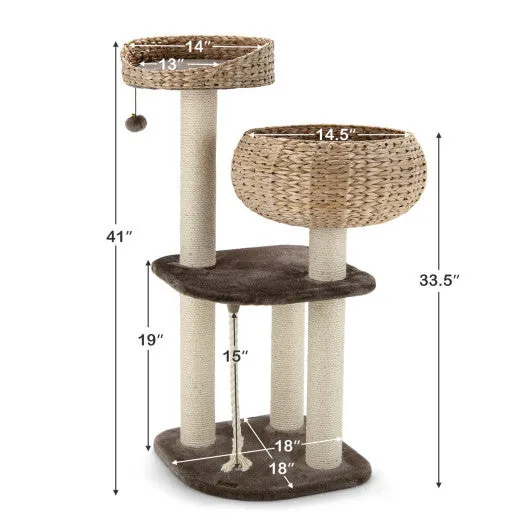 41 Inch Rattan Cat Tree with Napping Perch-Beige