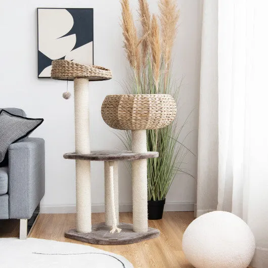 41 Inch Rattan Cat Tree with Napping Perch-Beige