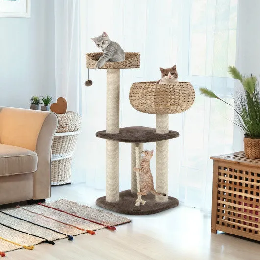 41 Inch Rattan Cat Tree with Napping Perch-Beige