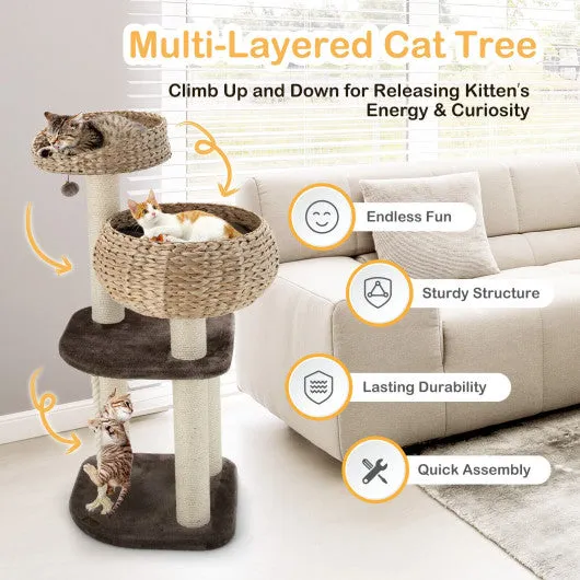 41 Inch Rattan Cat Tree with Napping Perch-Beige