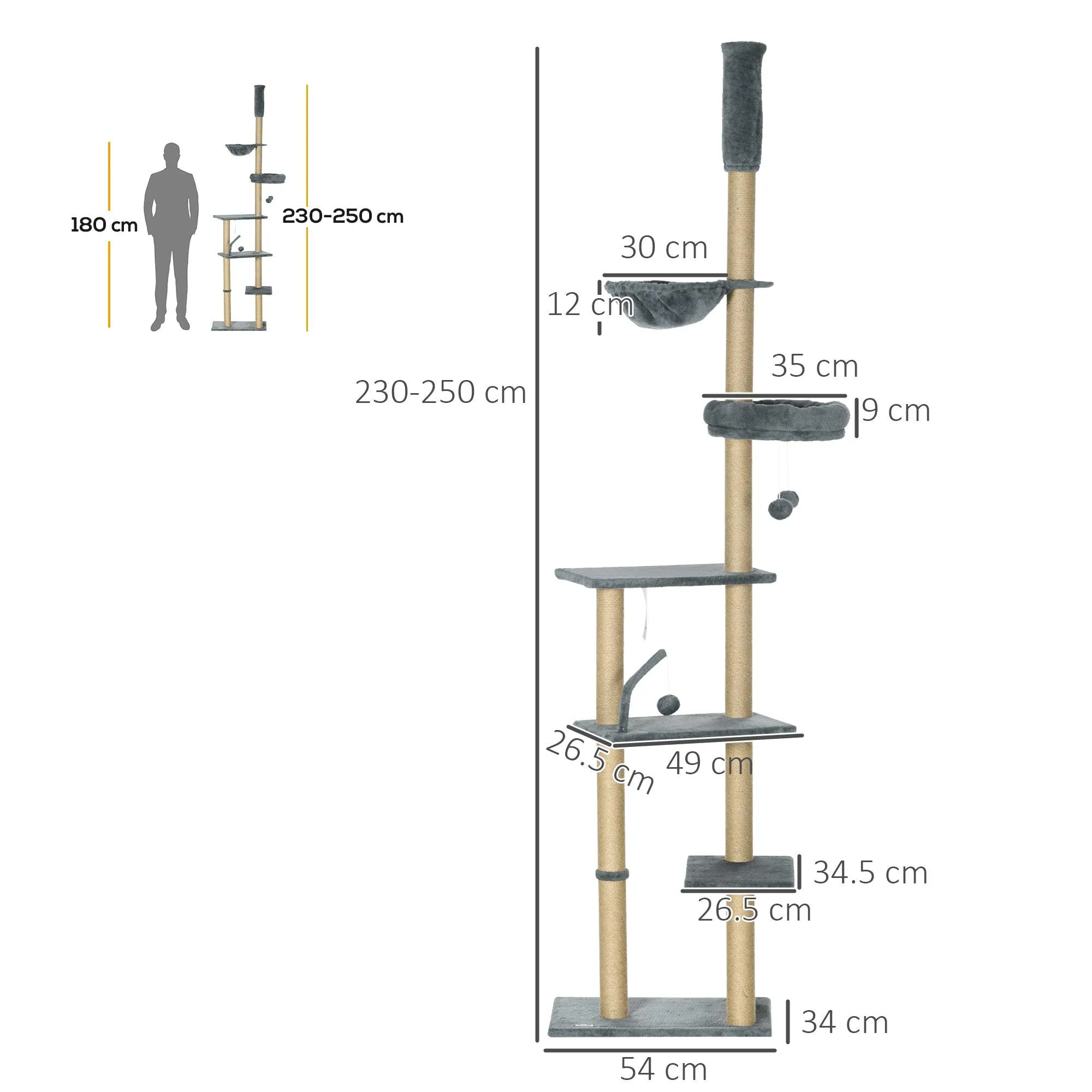 6-Tier Floor to Ceiling Adjustable Cat Tree, 230-250cm - Grey & Beige