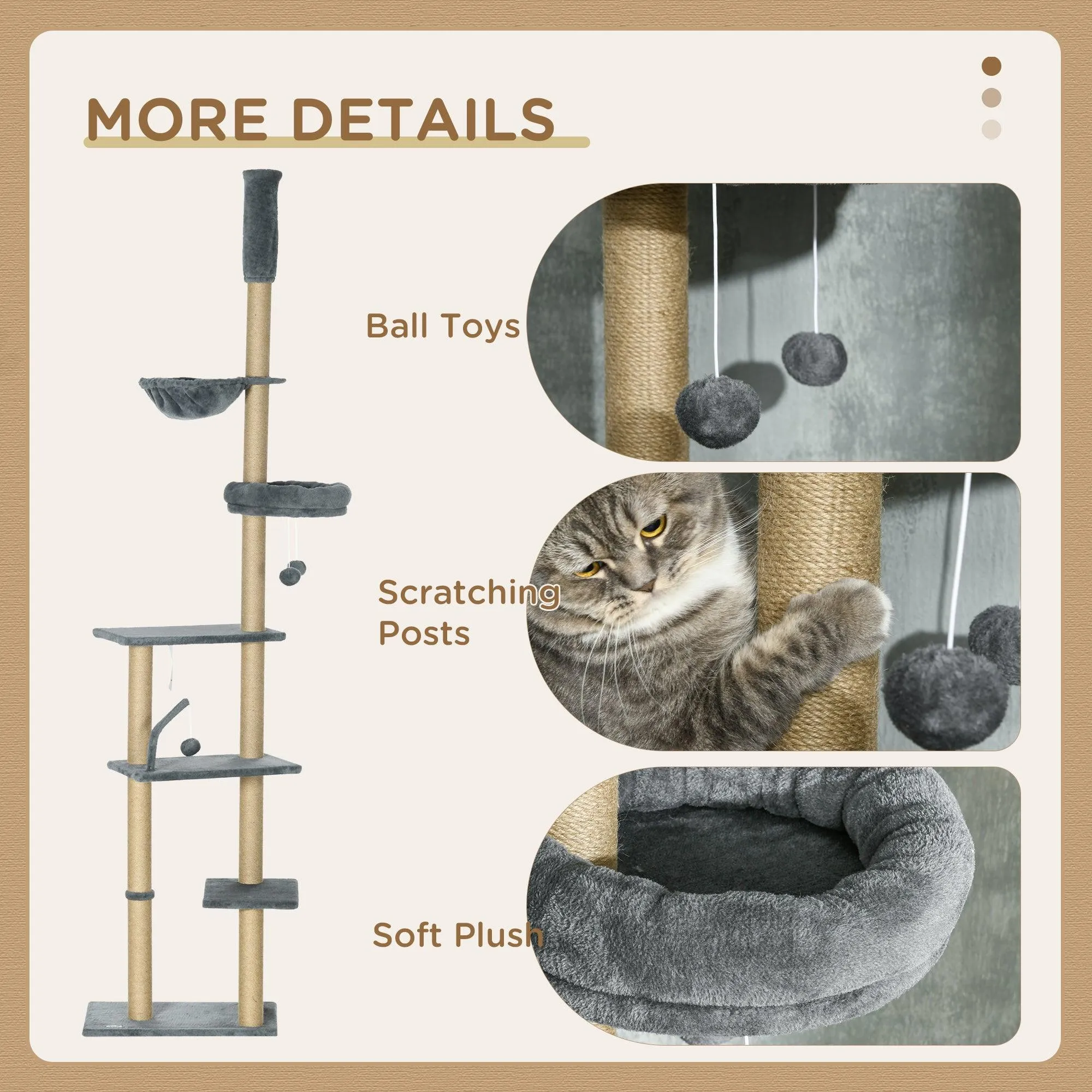 6-Tier Floor to Ceiling Adjustable Cat Tree, 230-250cm - Grey & Beige