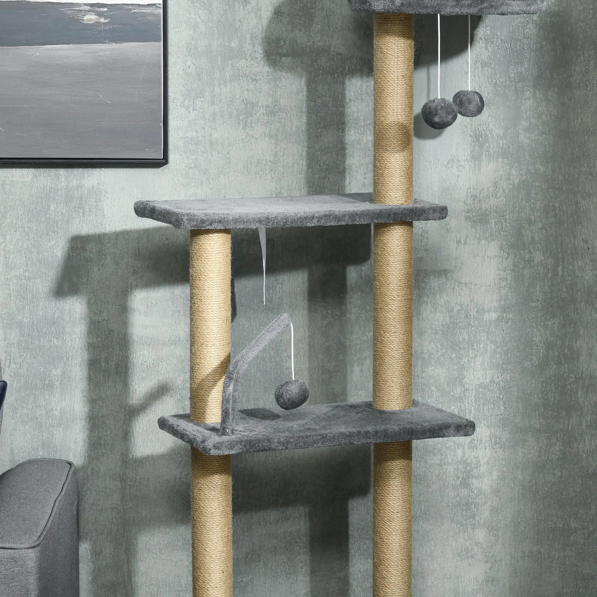 6-Tier Floor to Ceiling Adjustable Cat Tree, 230-250cm - Grey & Beige