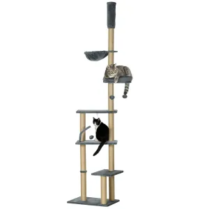 6-Tier Floor to Ceiling Adjustable Cat Tree, 230-250cm - Grey & Beige