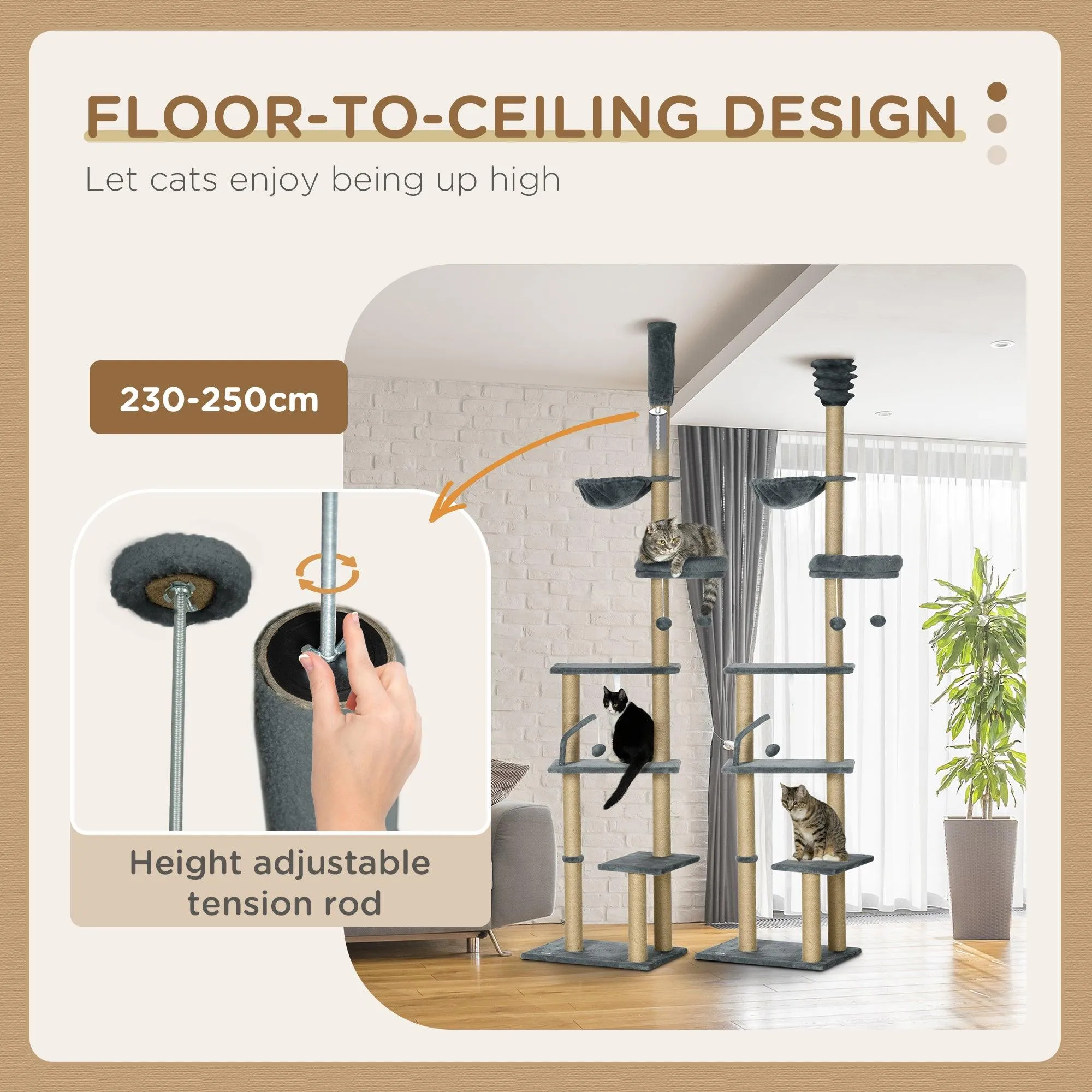 6-Tier Floor to Ceiling Adjustable Cat Tree, 230-250cm - Grey & Beige
