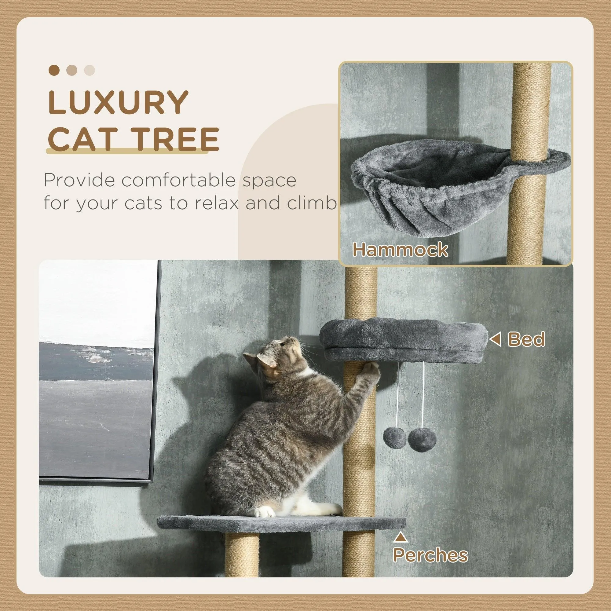 6-Tier Floor to Ceiling Adjustable Cat Tree, 230-250cm - Grey & Beige