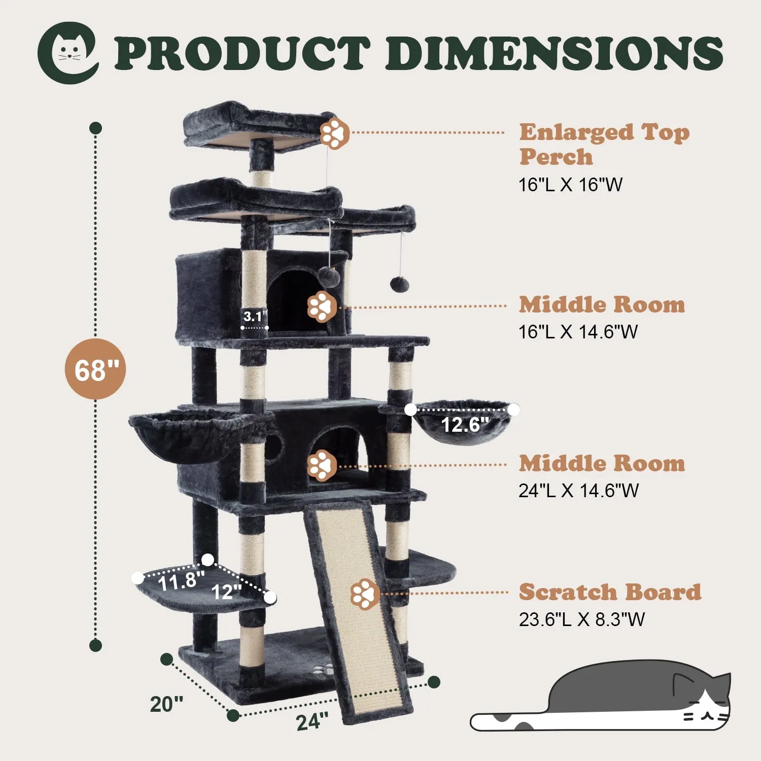 68" Cat Tower Multi-Level / X-Large Cat Tree King with Scratching Posts