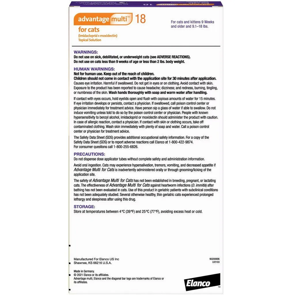 Advantage Multi Topical Solution for Cats (Imidacloprid & Moxidectin), 9.1-18 lbs, Purple