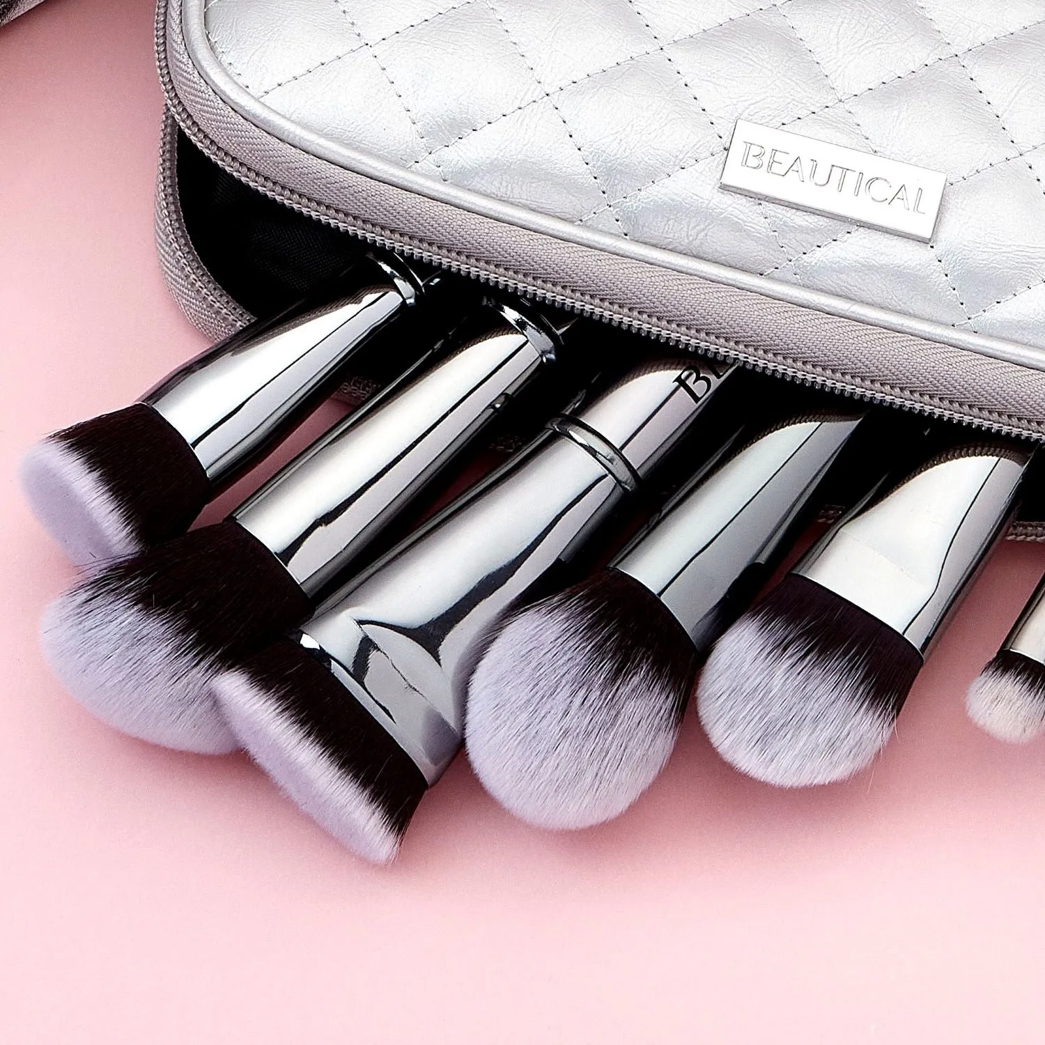 BEAUTICAL METAL GLAM Brush Set - Professional makeup brushes - Soft, dense bristles - Perfect application of liquids, creams & powders - 9 brushes   pouch