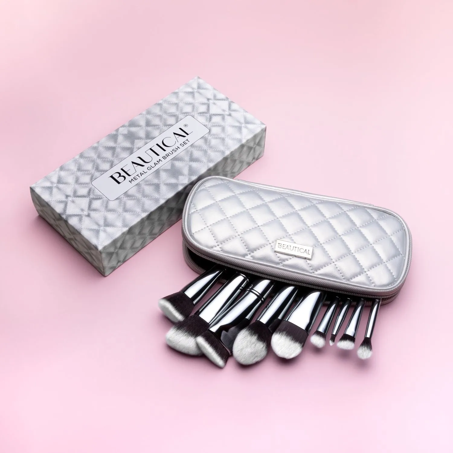 BEAUTICAL METAL GLAM Brush Set - Professional makeup brushes - Soft, dense bristles - Perfect application of liquids, creams & powders - 9 brushes   pouch