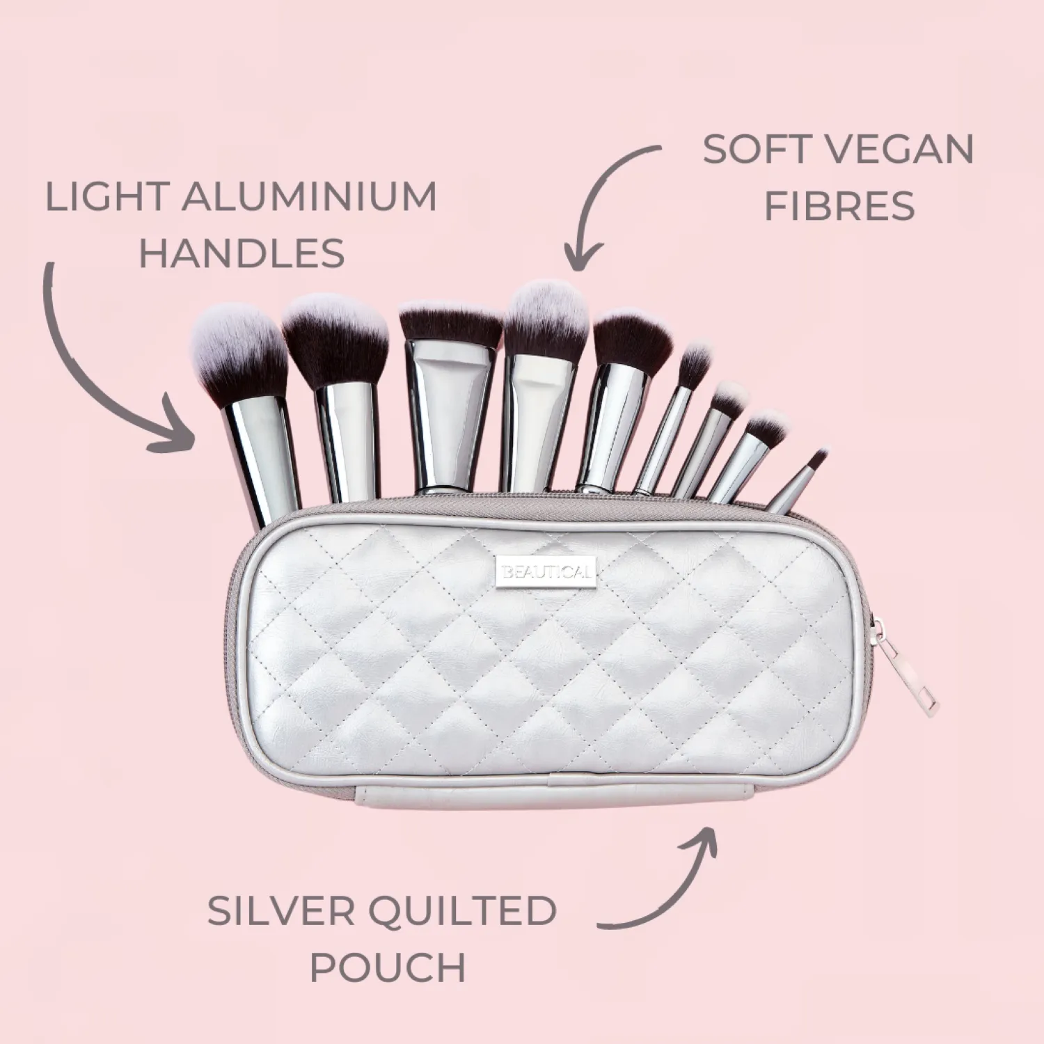 BEAUTICAL METAL GLAM Brush Set - Professional makeup brushes - Soft, dense bristles - Perfect application of liquids, creams & powders - 9 brushes   pouch