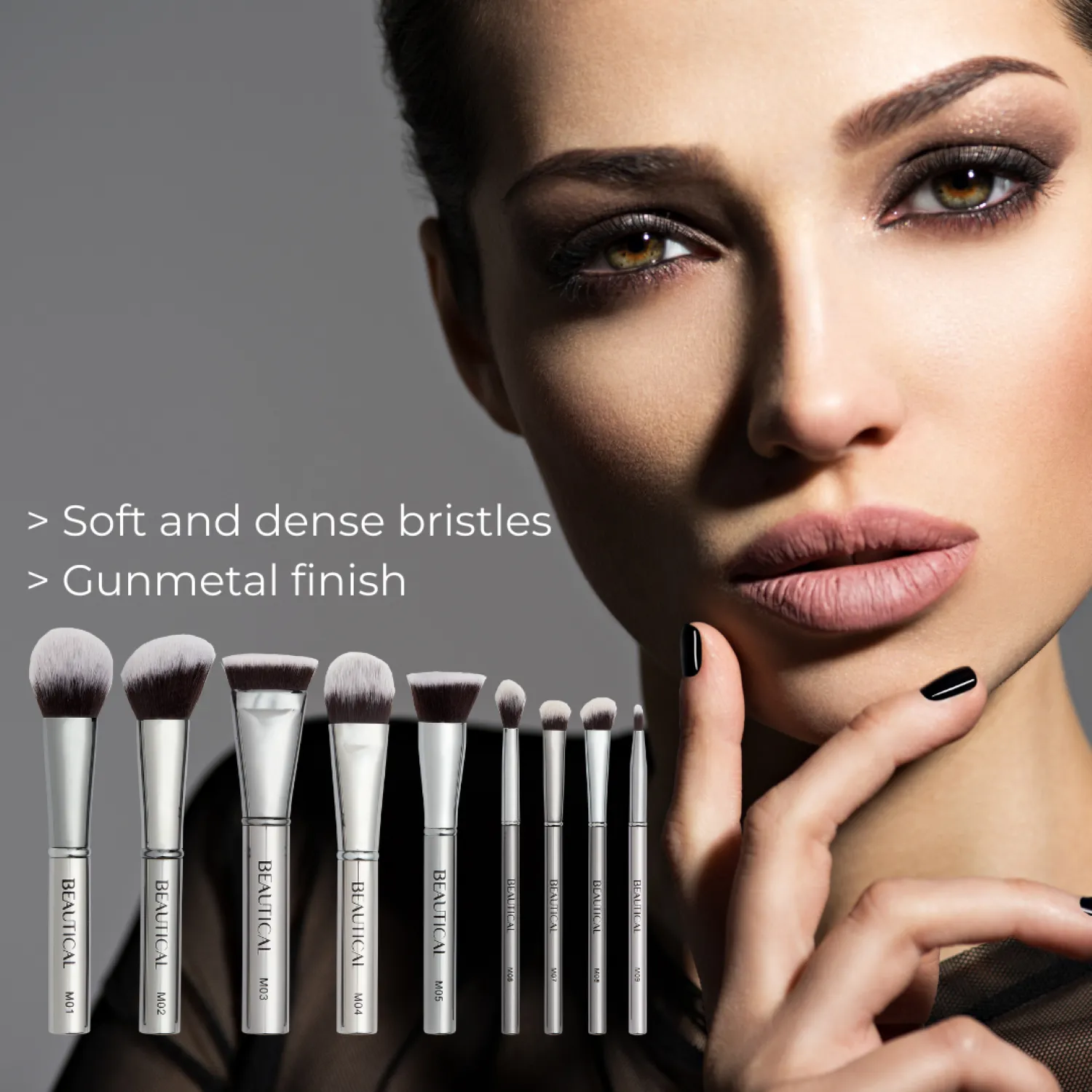 BEAUTICAL METAL GLAM Brush Set - Professional makeup brushes - Soft, dense bristles - Perfect application of liquids, creams & powders - 9 brushes   pouch
