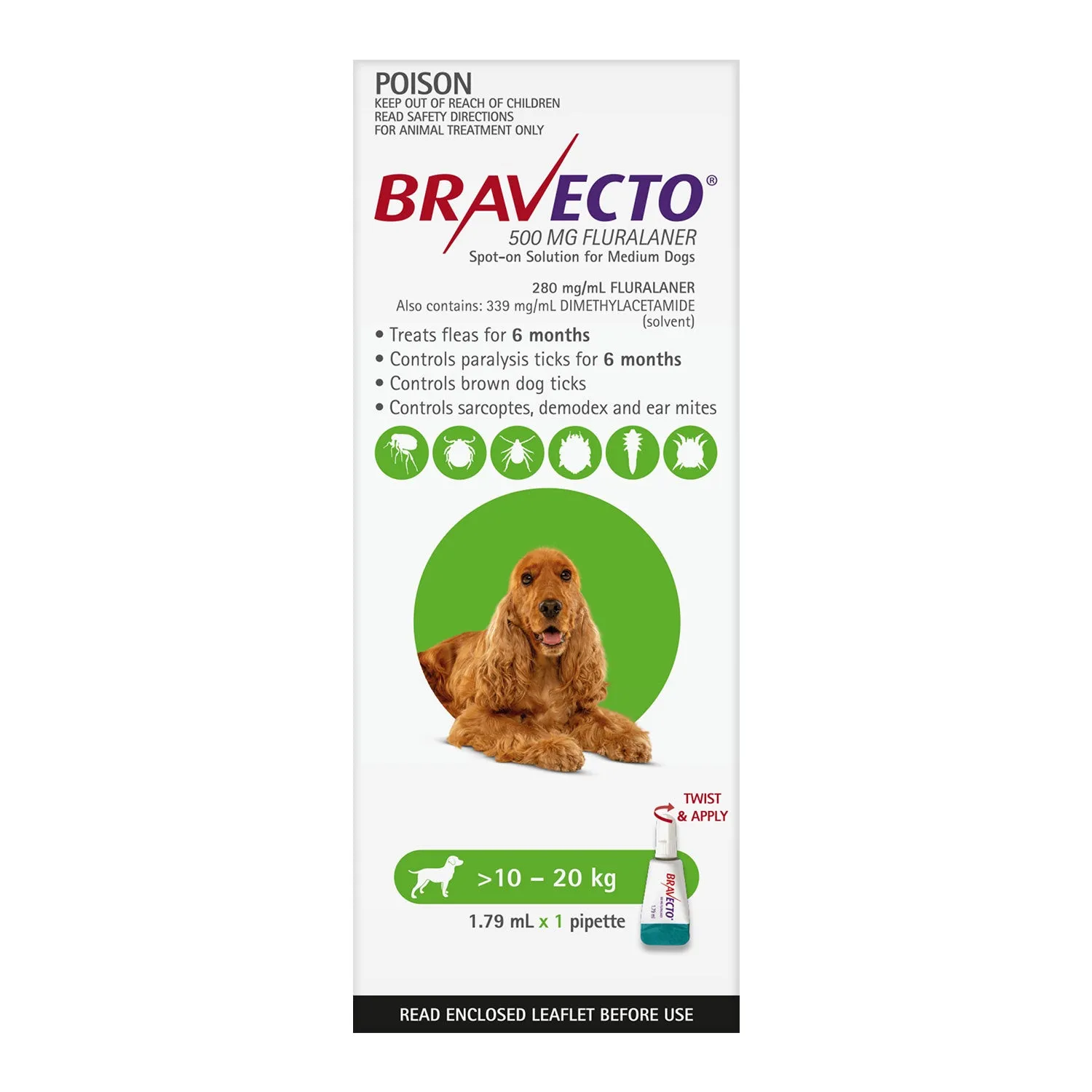 Bravecto Flea & Tick Treatment for Dogs 10-20kg Green Spot On 1 Pack