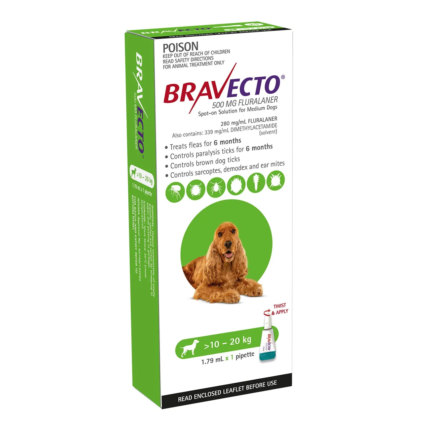 Bravecto Flea & Tick Treatment for Dogs 10-20kg Green Spot On 1 Pack