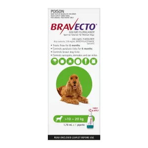 Bravecto Flea & Tick Treatment for Dogs 10-20kg Green Spot On 1 Pack