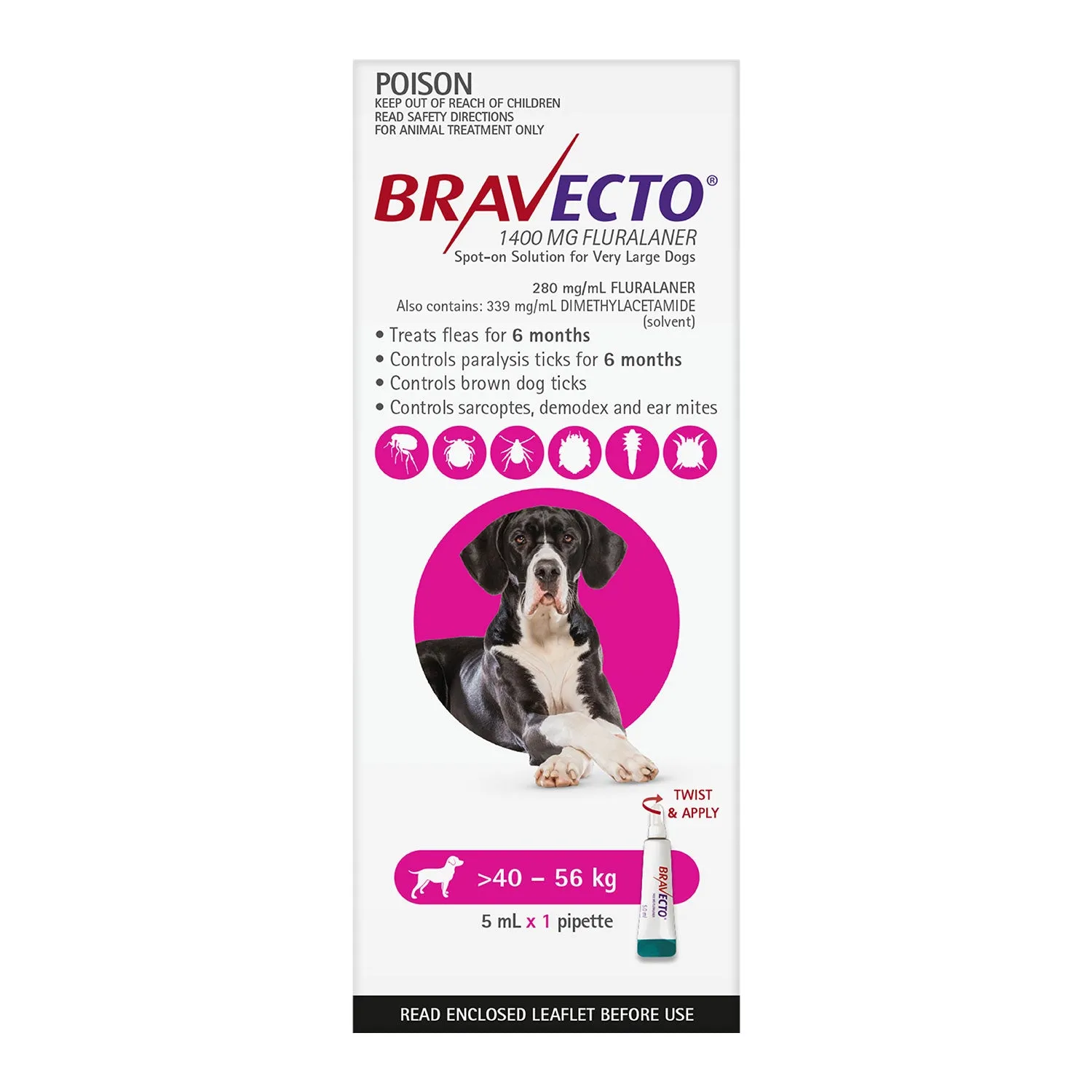 Bravecto Flea & Tick Treatment for Dogs 40-56kg Purple Spot On 1 Pack
