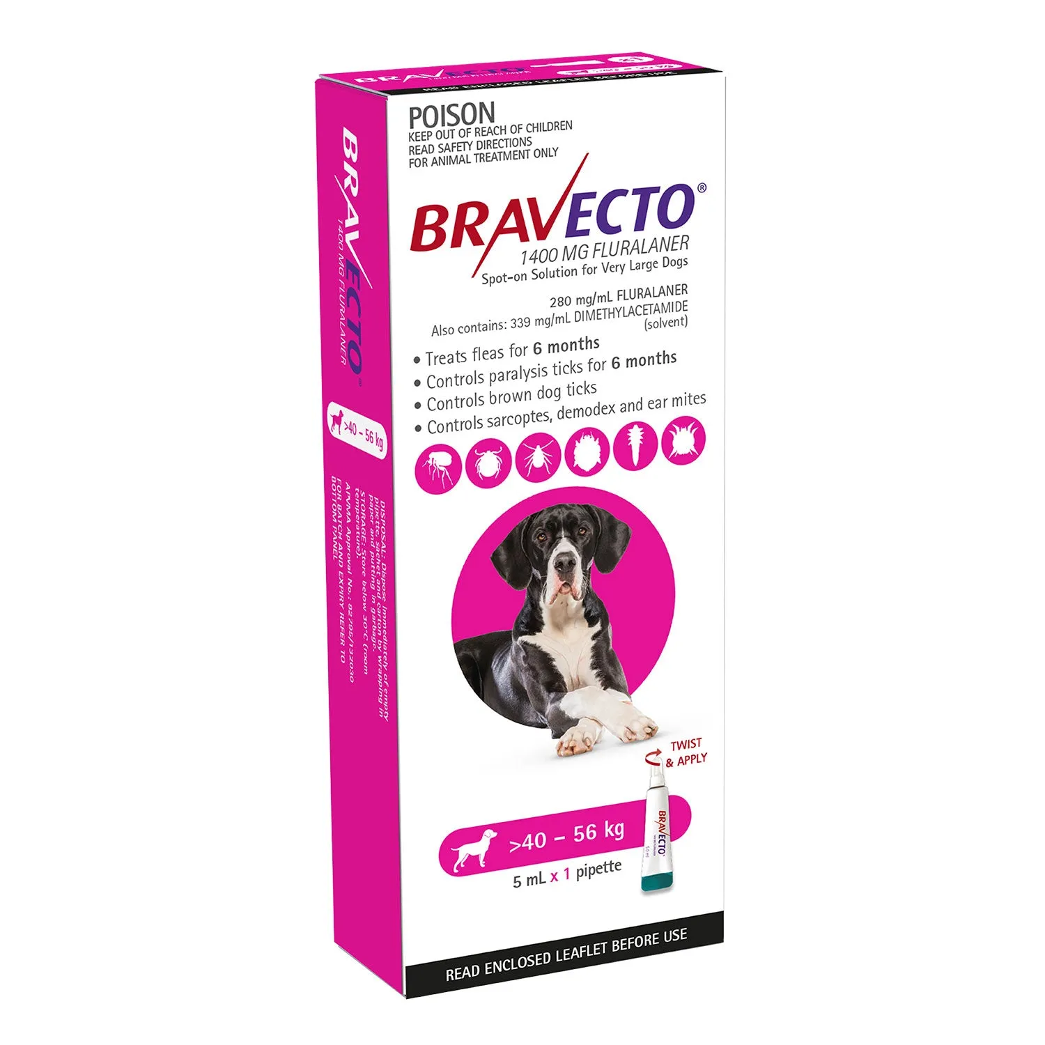 Bravecto Flea & Tick Treatment for Dogs 40-56kg Purple Spot On 1 Pack