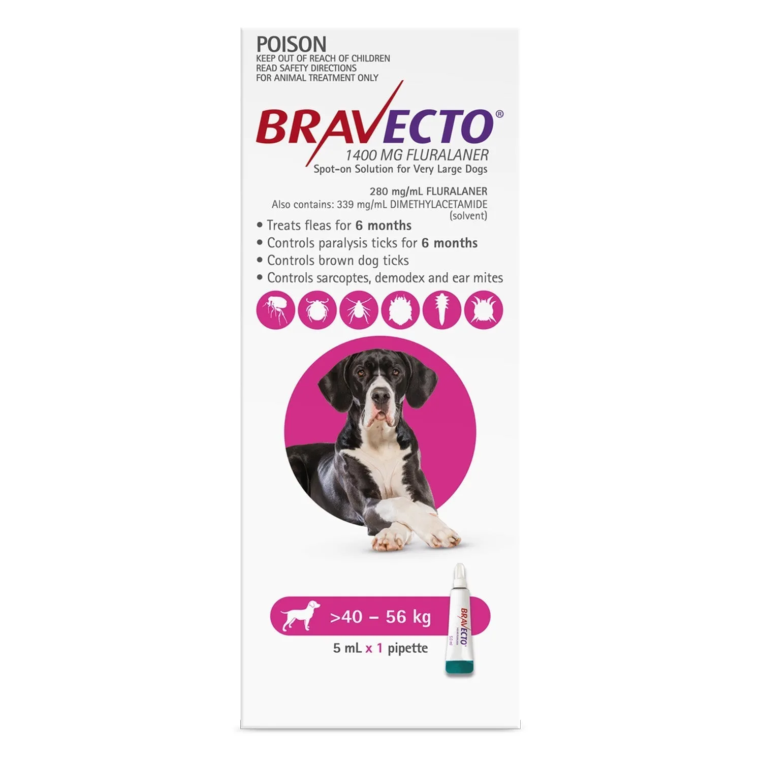 Bravecto Pink Flea & Tick Spot On Treatment 40-56kg Dog