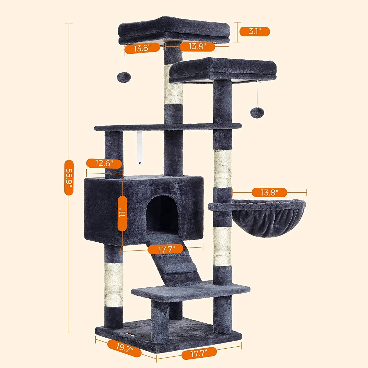 Cat Tree, Cat Tower for Indoor Cats, 55.9" Cat Condo with Scratching Posts