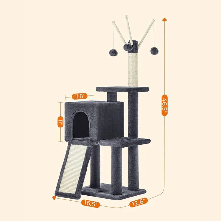 Cat Tree, Small Cat Tower for Indoor Cats, Kittens, Multi-Level Plush Cat Condo, 16.5 x 12.6 x 46.5 In