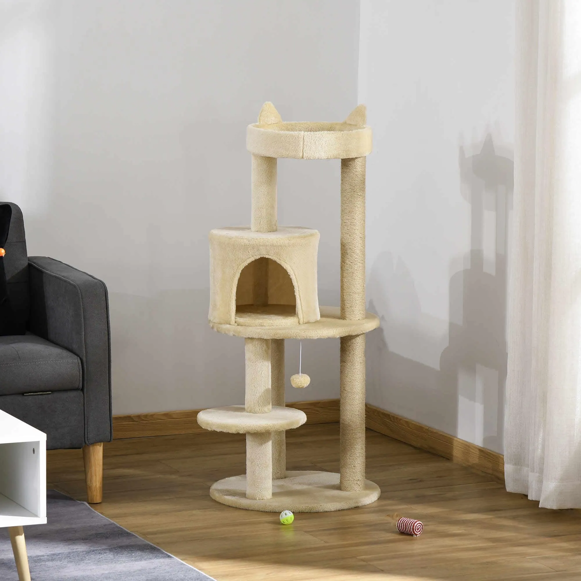 Deluxe Cat Tower, Scratching Posts, Condo, Ball Toy, 104cm - Beige