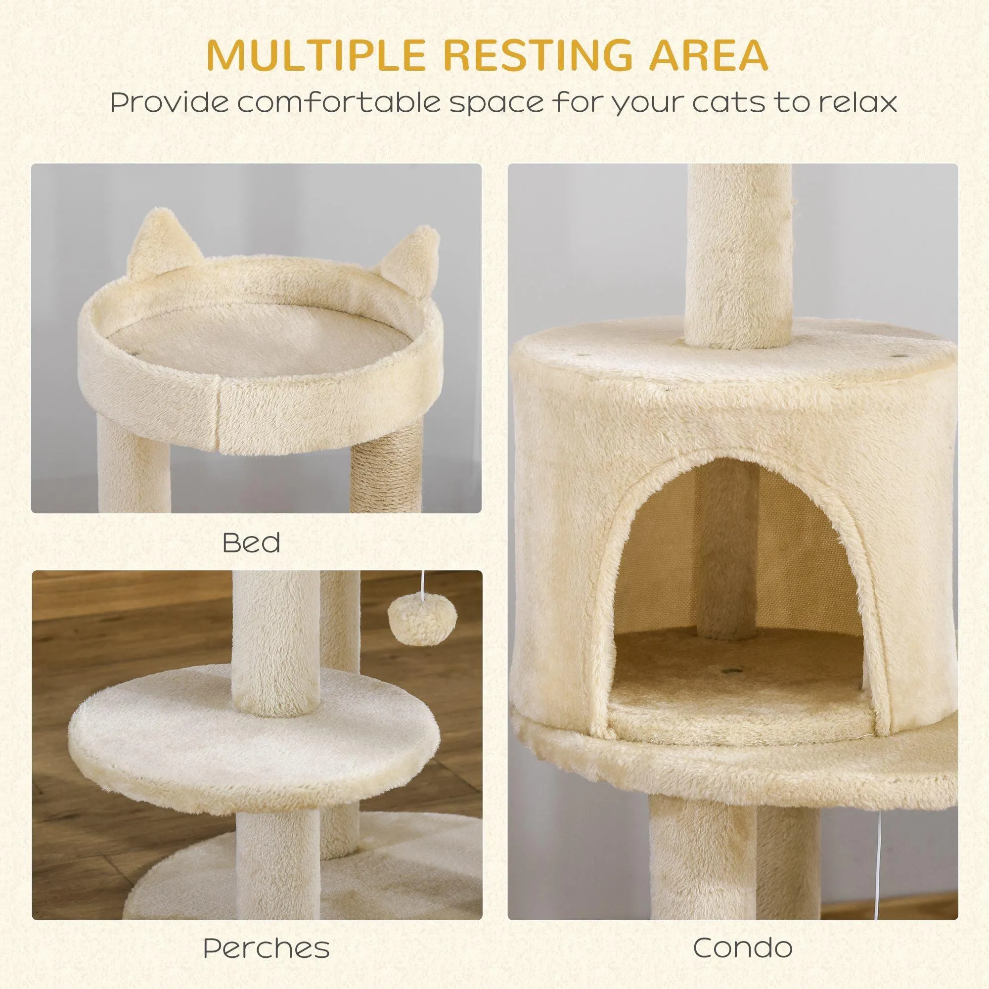 Deluxe Cat Tower, Scratching Posts, Condo, Ball Toy, 104cm - Beige