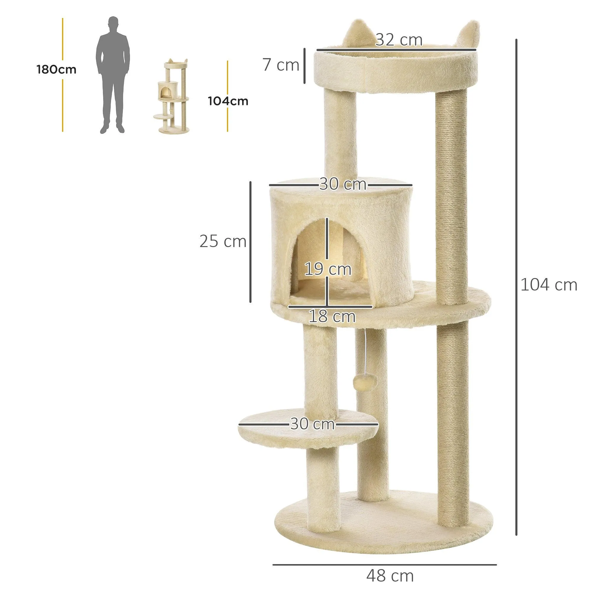 Deluxe Cat Tower, Scratching Posts, Condo, Ball Toy, 104cm - Beige