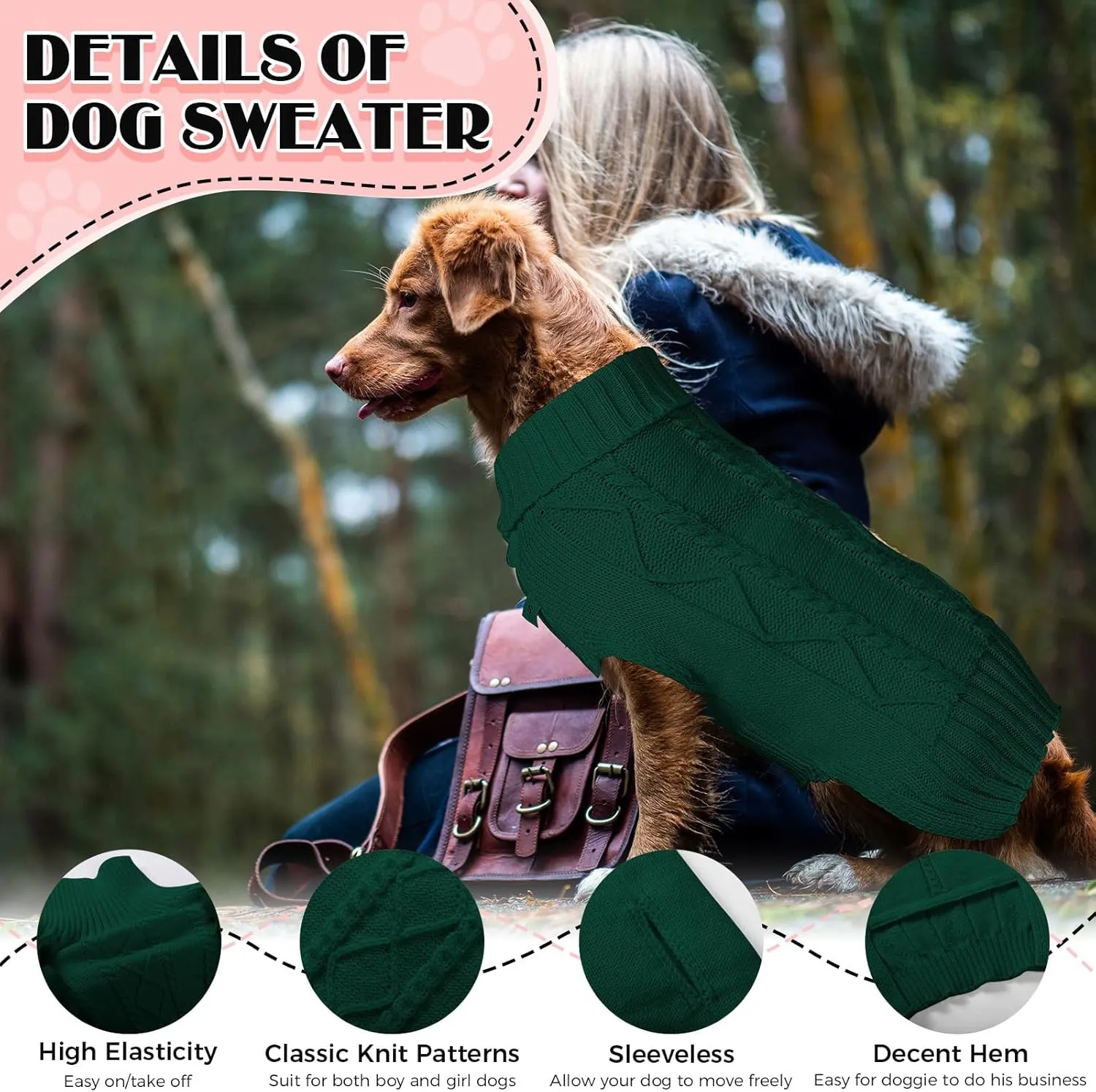 Dog Sweaters for Small Large Dogs Girl, Soft Warm Pup Dogs Shirt, Turtleneck Sweaters for Medium Large Dogs, Double Knitting Collar for Outdoor Playing, Warm Clothes (Dark Green, XL)