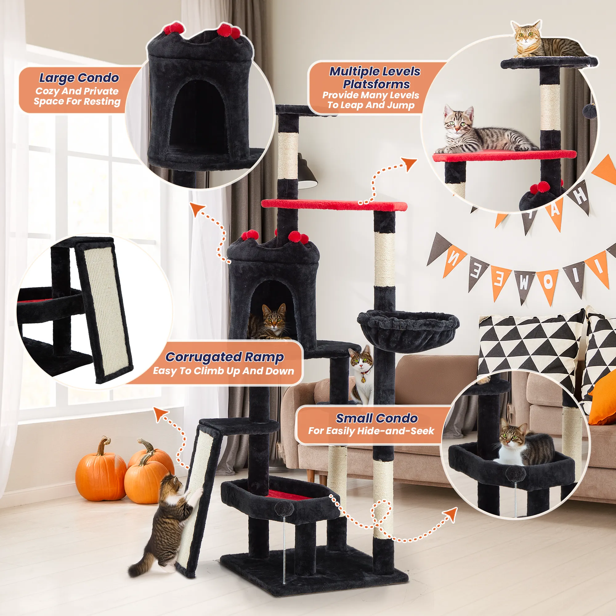 EROMMY Gothic Tall Cat Tree, 61 inch Multi-level Cat Tower for Cats Indoor, Spooky Hanging Toy and SIsal Scratching Post Included, Multi-Level Platform, Halloween Decor