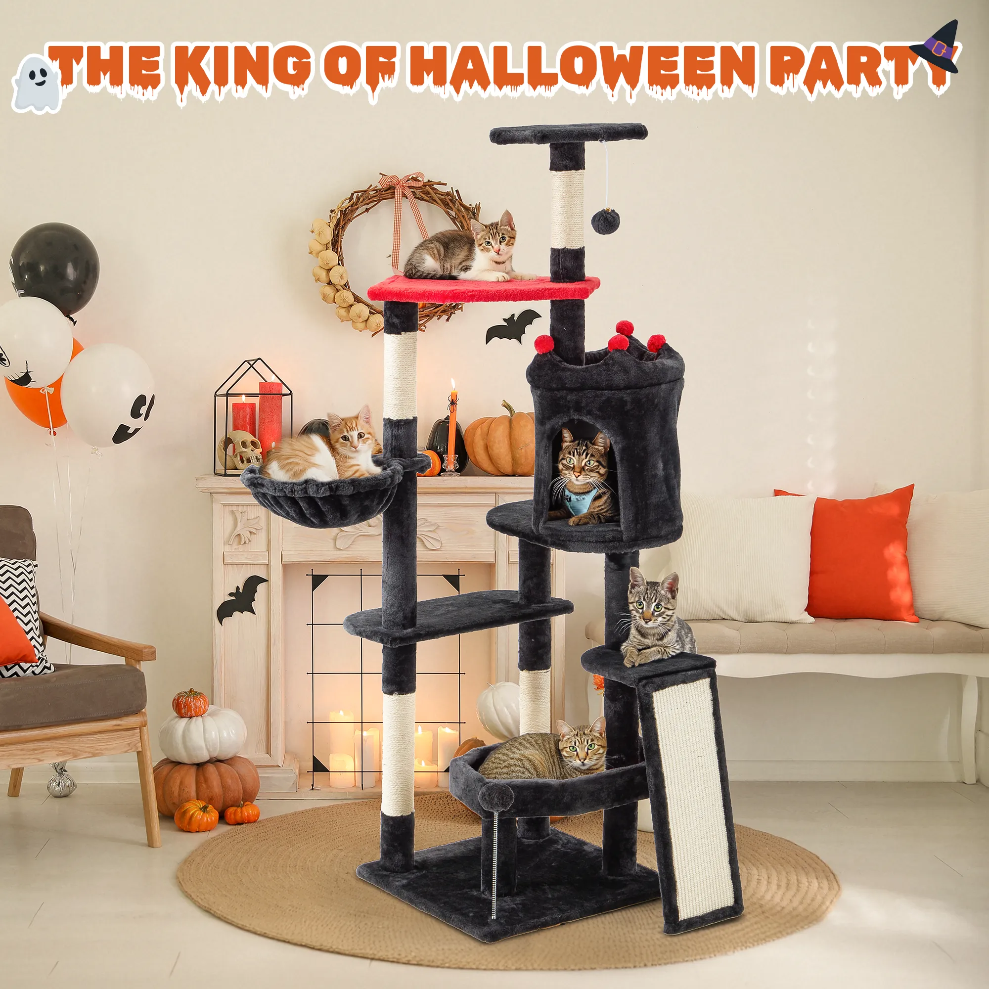 EROMMY Gothic Tall Cat Tree, 61 inch Multi-level Cat Tower for Cats Indoor, Spooky Hanging Toy and SIsal Scratching Post Included, Multi-Level Platform, Halloween Decor