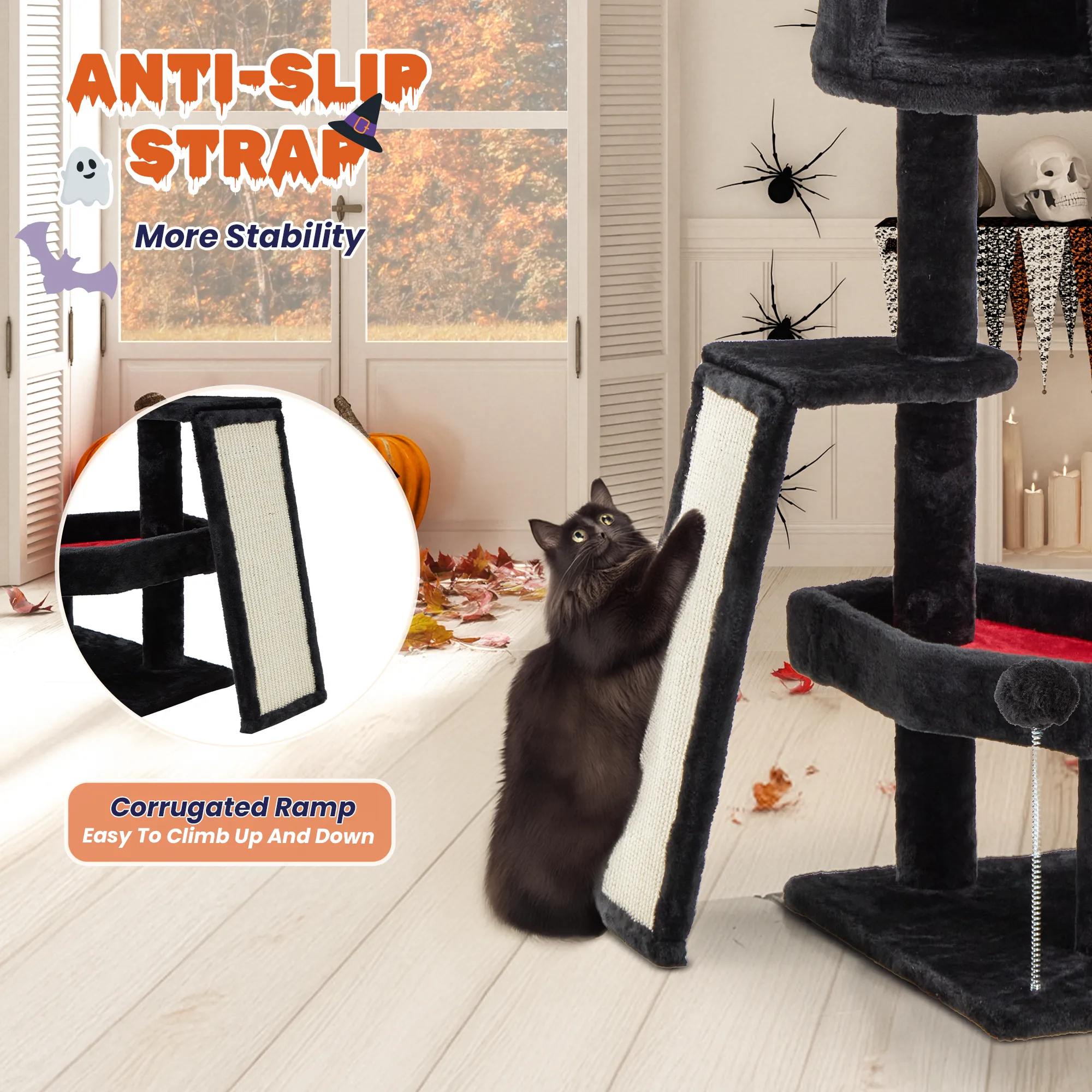 EROMMY Gothic Tall Cat Tree, 61 inch Multi-level Cat Tower for Cats Indoor, Spooky Hanging Toy and SIsal Scratching Post Included, Multi-Level Platform, Halloween Decor