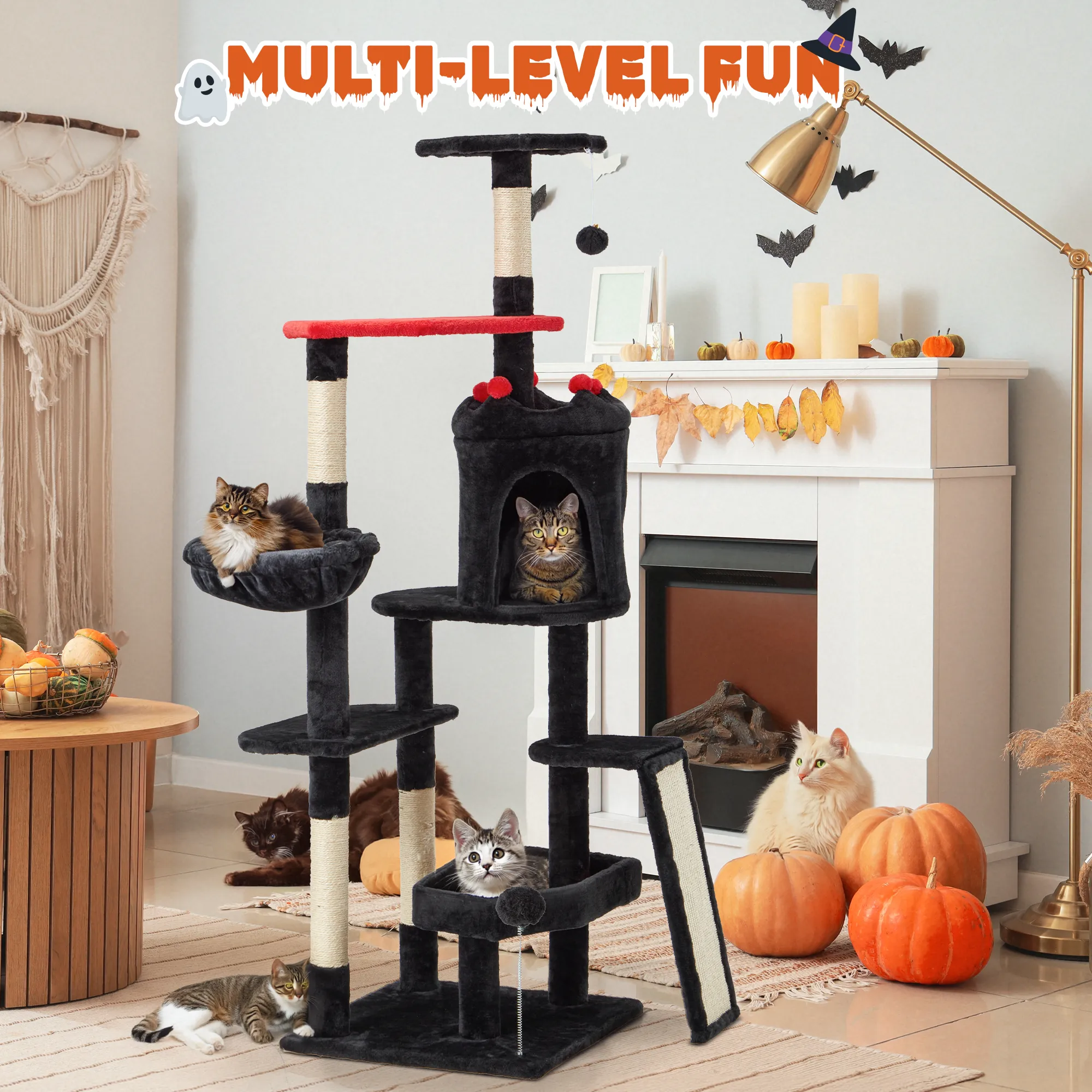 EROMMY Gothic Tall Cat Tree, 61 inch Multi-level Cat Tower for Cats Indoor, Spooky Hanging Toy and SIsal Scratching Post Included, Multi-Level Platform, Halloween Decor