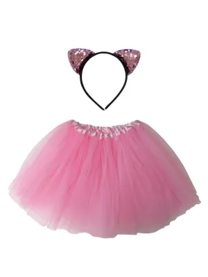 Girls Pink Cat Costume - Complete Kids Costume Set with Tutu & Flip Sequin Cat Ears Headband