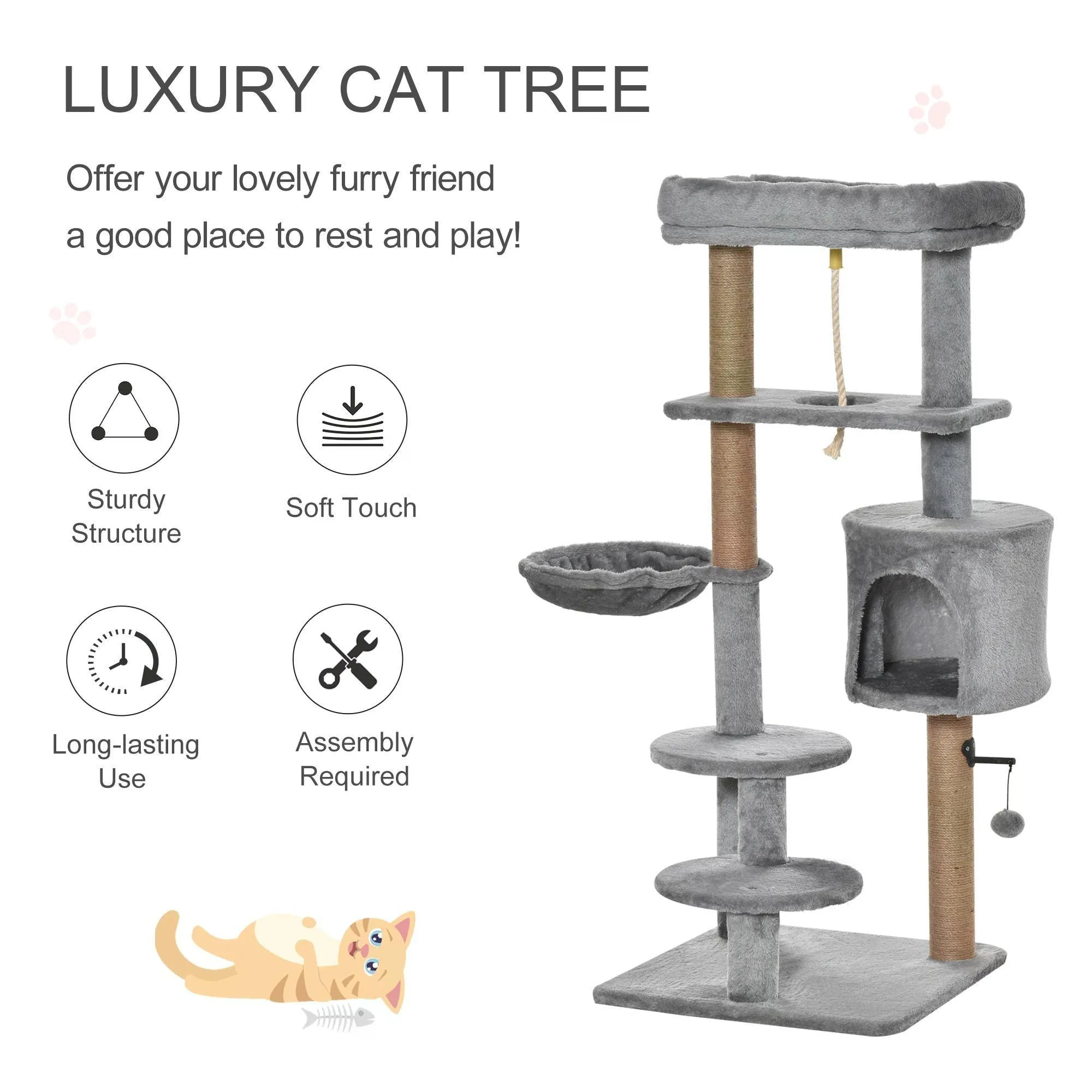 Jute Scratching Post Cat Tower, 120cm - Grey