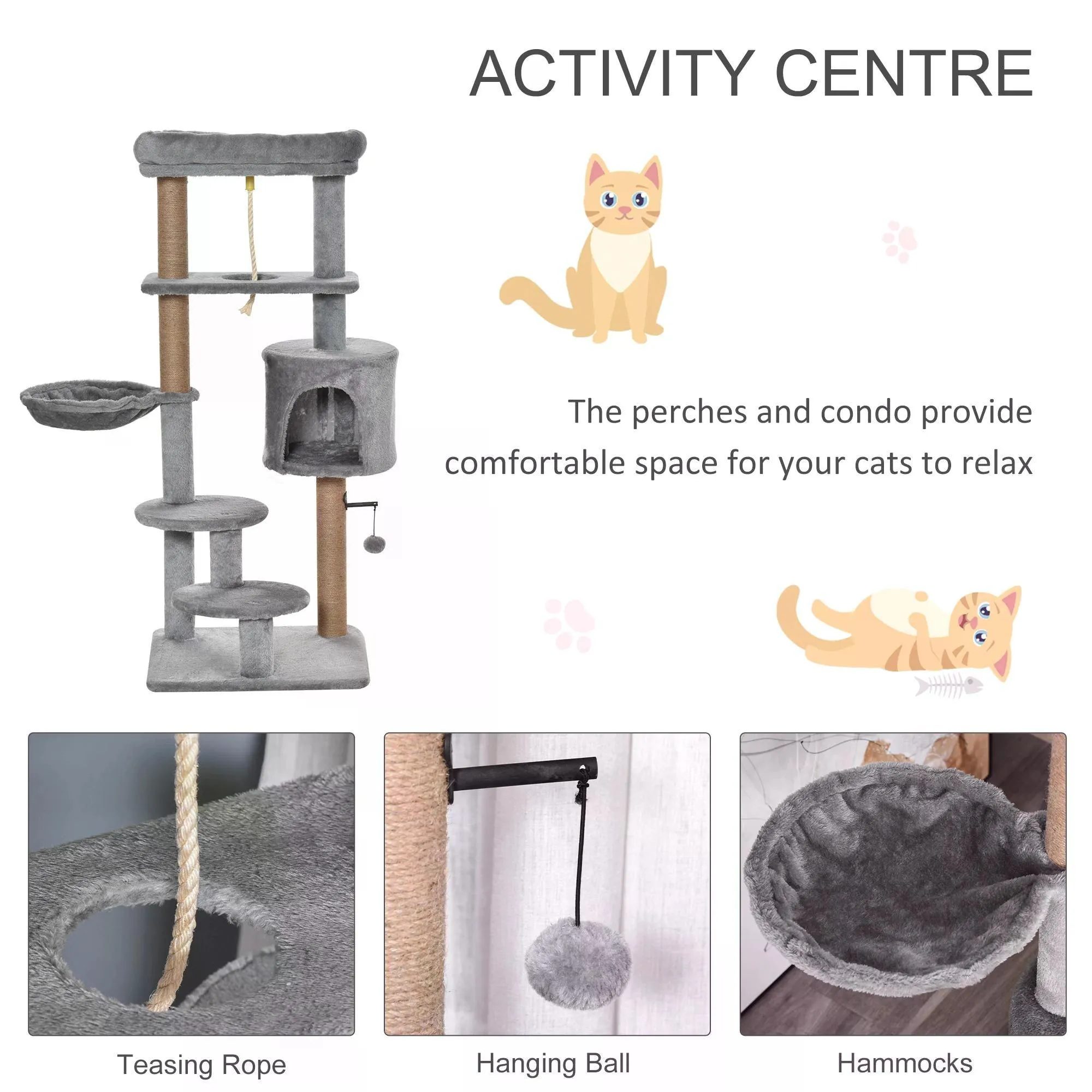 Jute Scratching Post Cat Tower, 120cm - Grey