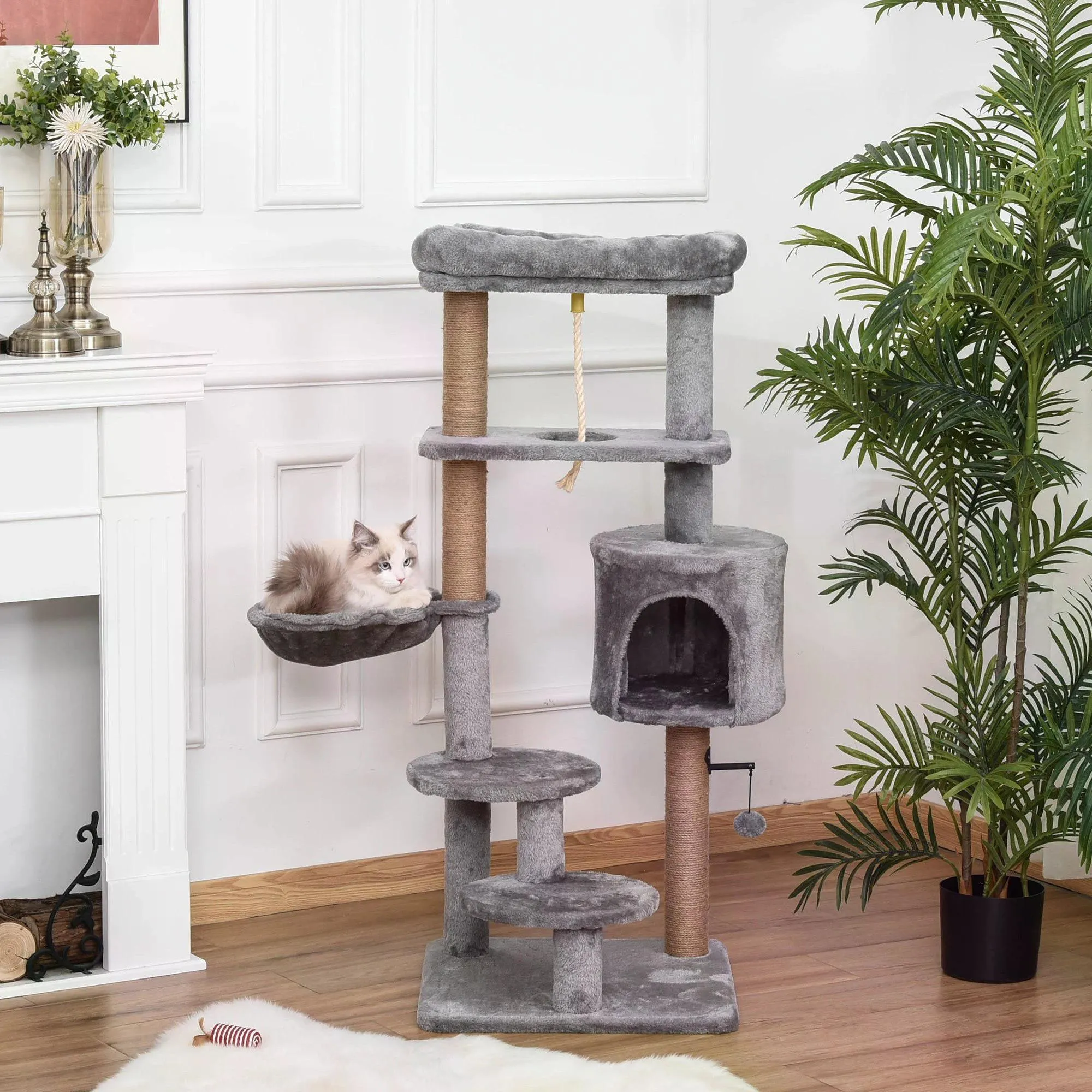 Jute Scratching Post Cat Tower, 120cm - Grey