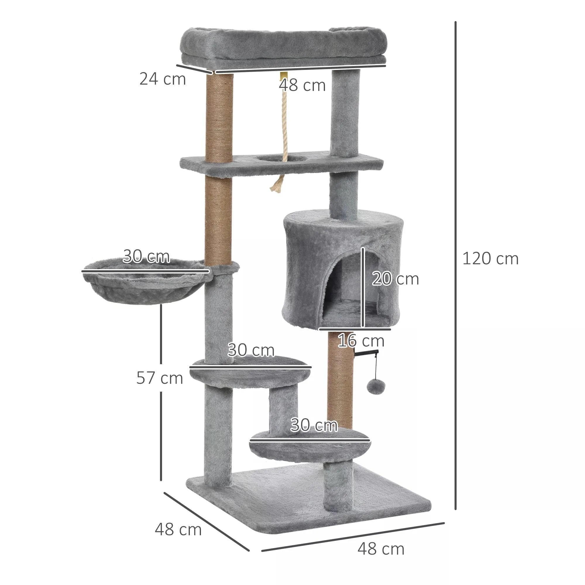 Jute Scratching Post Cat Tower, 120cm - Grey