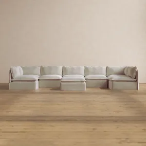 Modular Washable 7-Seater Open-Ends U-Sectional   Ottoman in Coco | Deluxe  Seat | Cloud Pillow