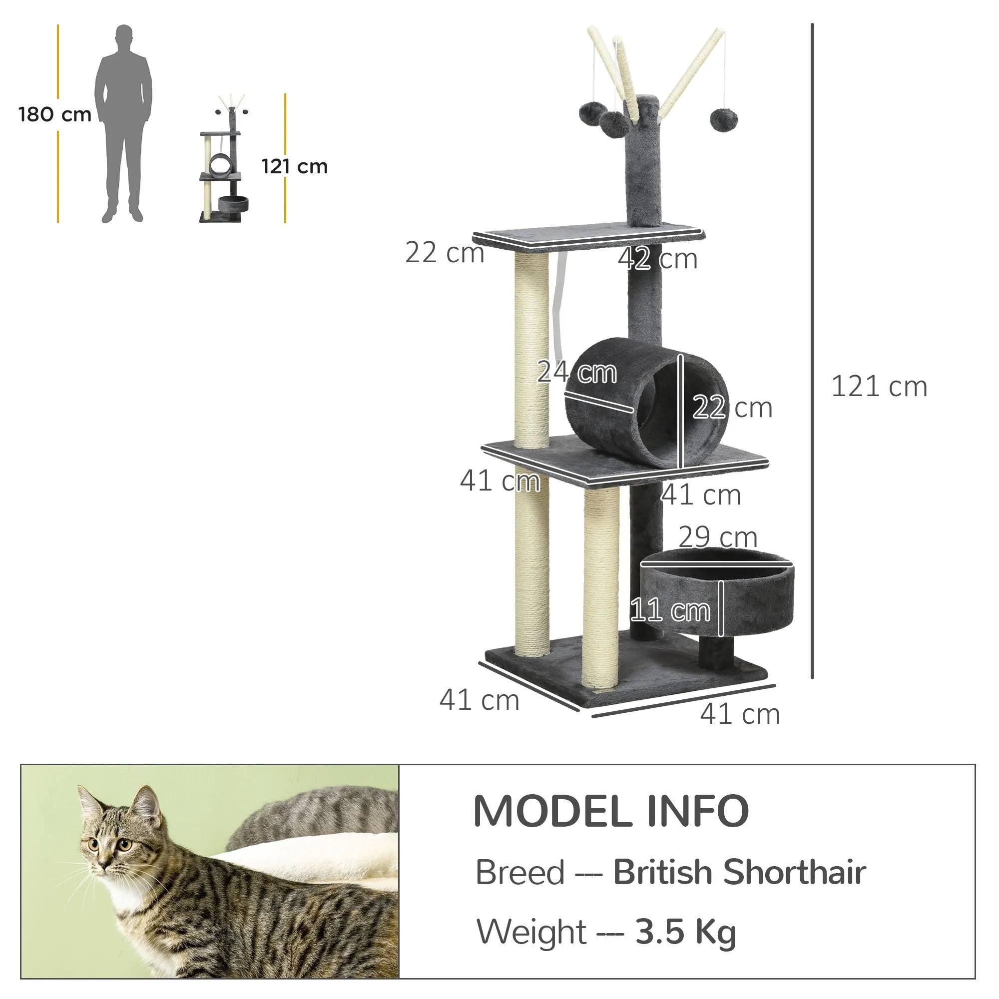 Multifunctional Cat Tree - Bed, Tunnel, Perch, Toy, 121cm - Dark Grey