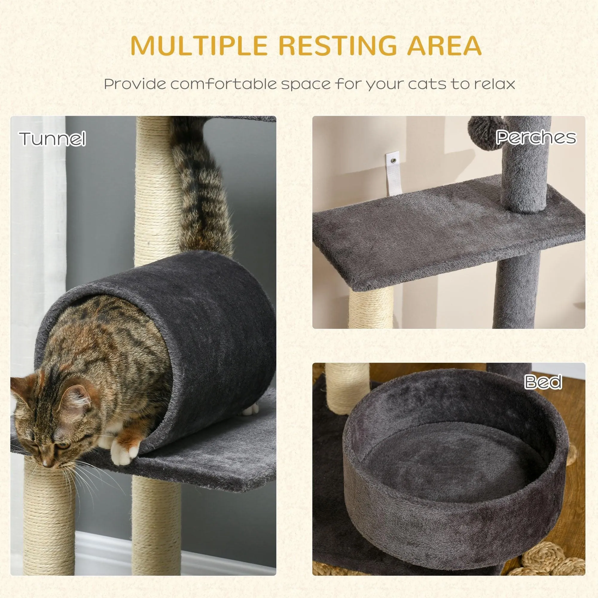 Multifunctional Cat Tree - Bed, Tunnel, Perch, Toy, 121cm - Dark Grey