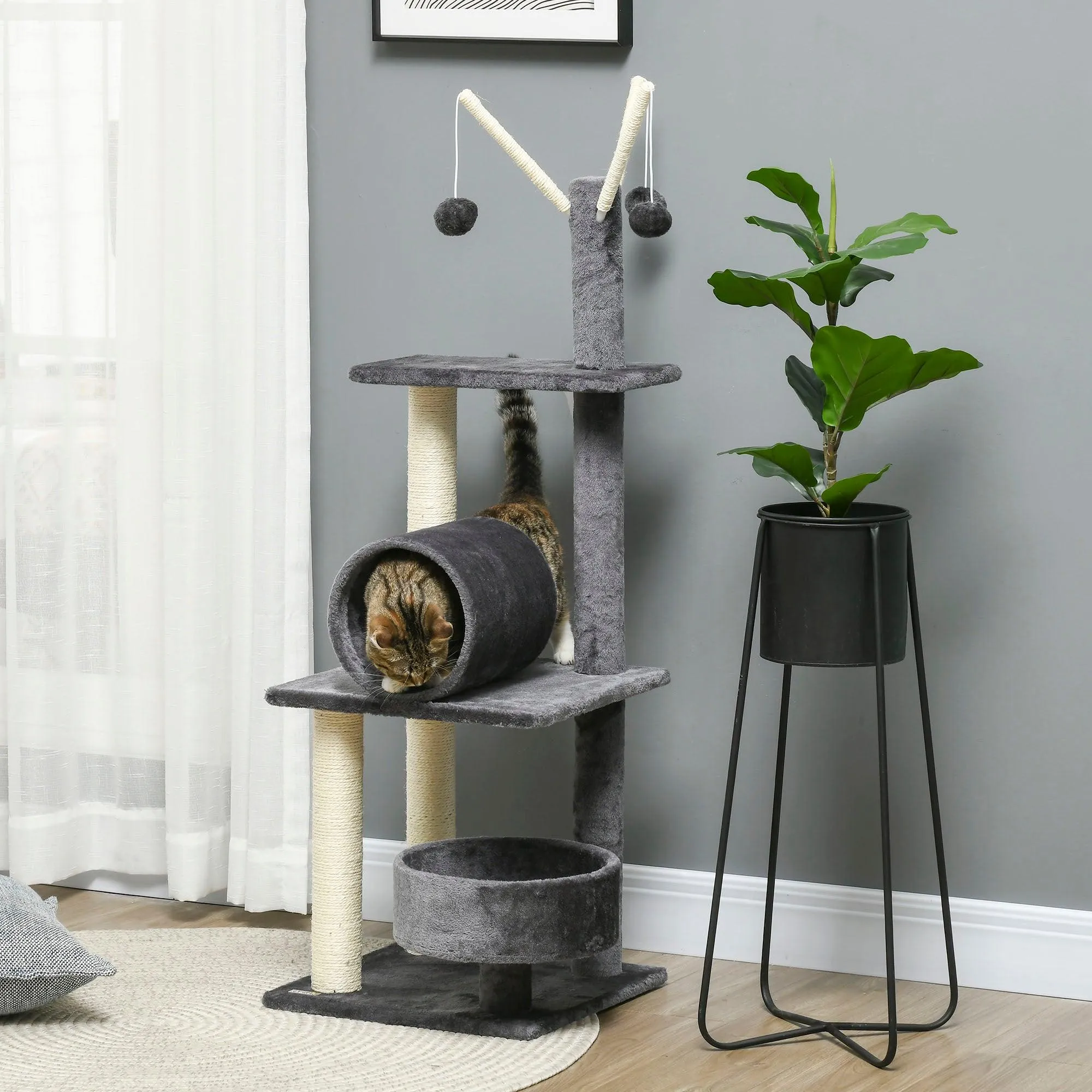 Multifunctional Cat Tree - Bed, Tunnel, Perch, Toy, 121cm - Dark Grey