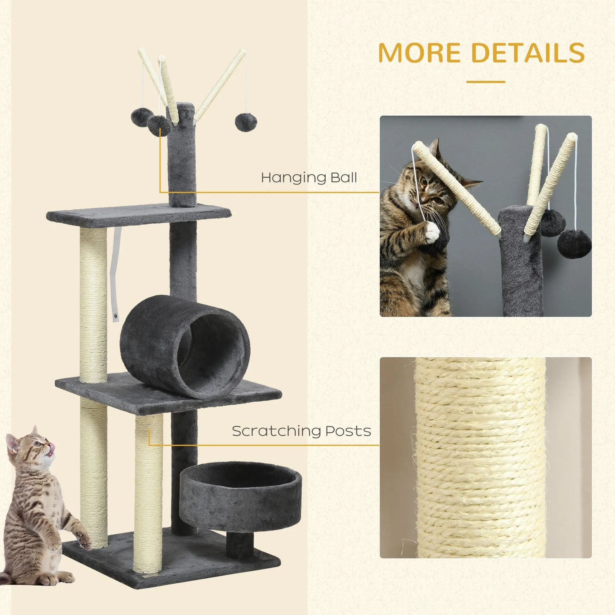 Multifunctional Cat Tree - Bed, Tunnel, Perch, Toy, 121cm - Dark Grey