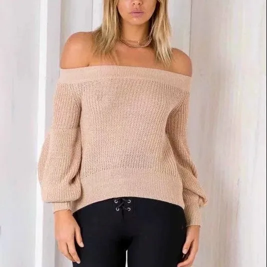 Off Shoulder Puff Sleeve Knitting Sweaters
