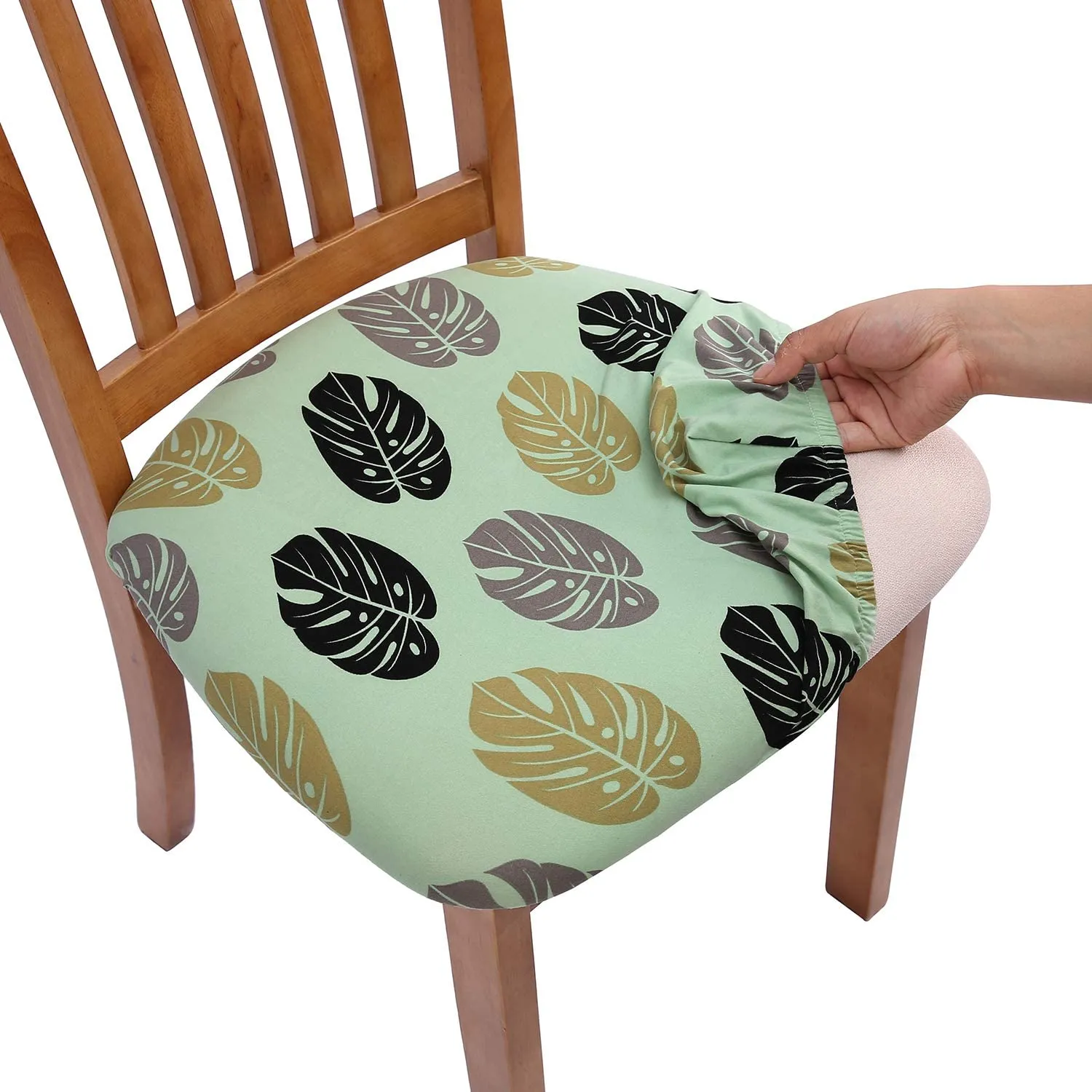 Pattern Stretchable Dining Chair Seat Cover Grey Leaf