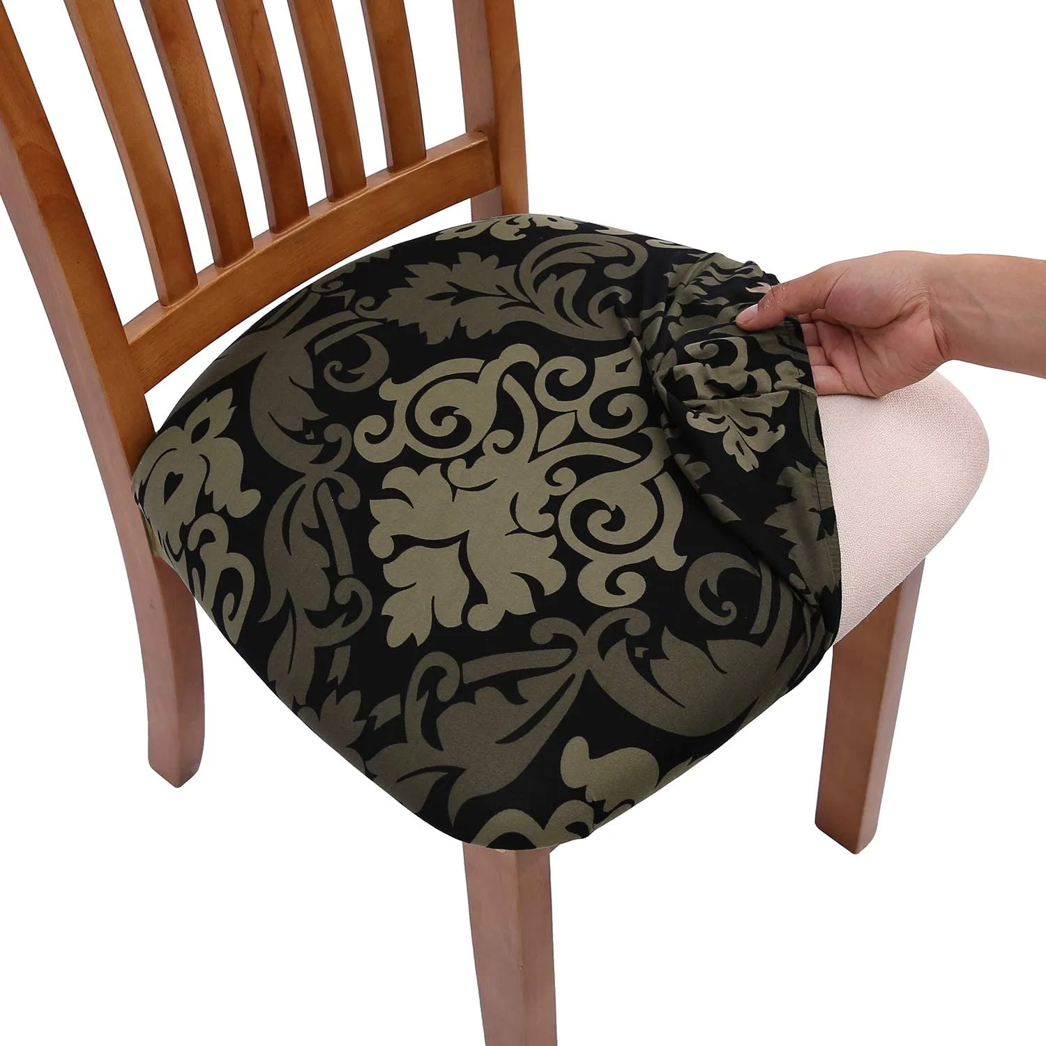 Pattern Stretchable Dining Chair Seat Cover Grey Leaf