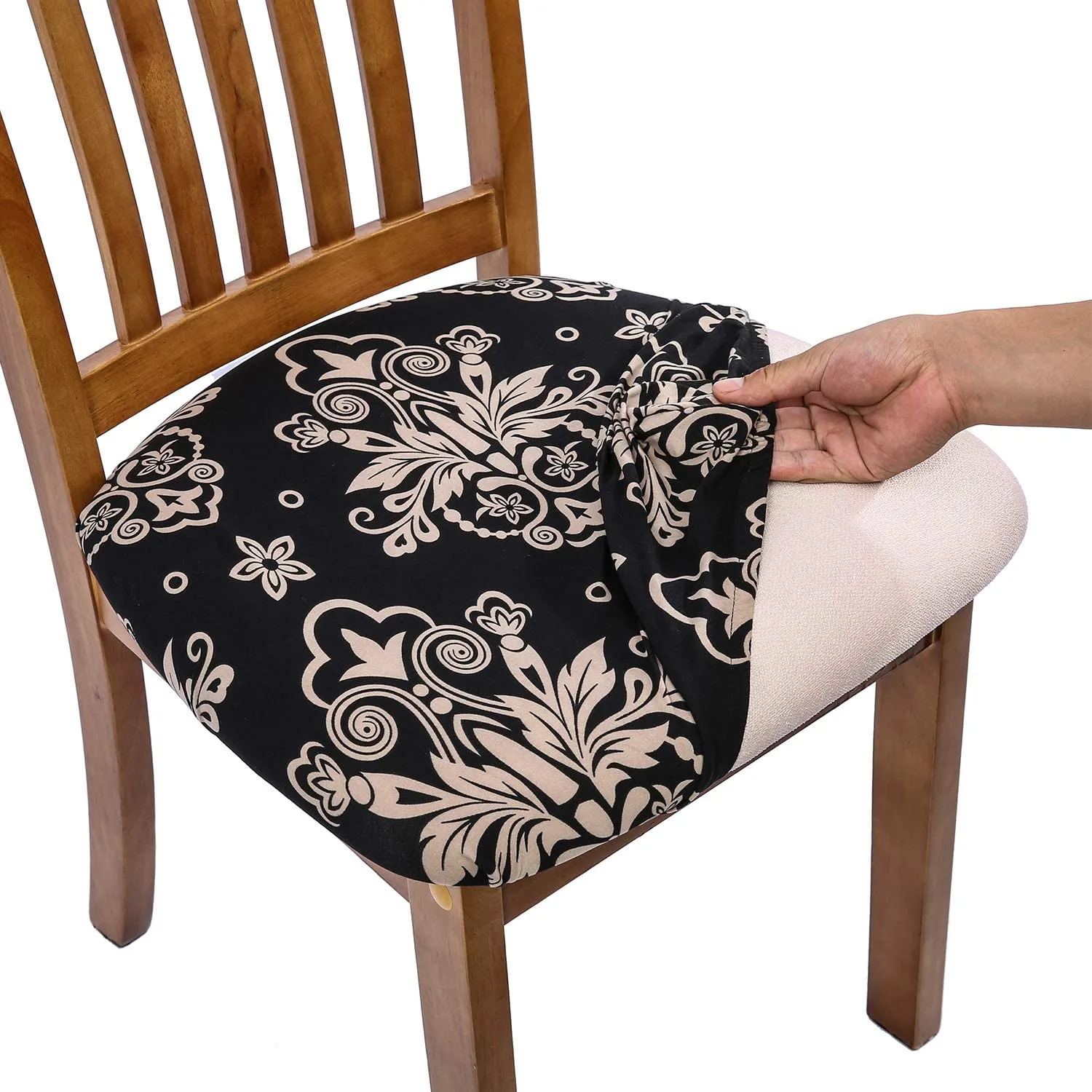 Pattern Stretchable Dining Chair Seat Cover Grey Leaf