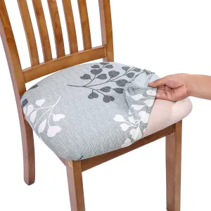 Pattern Stretchable Dining Chair Seat Cover Grey Leaf