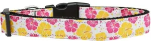 Pink and Yellow Hibiscus Flower Nylon Dog Collar Medium