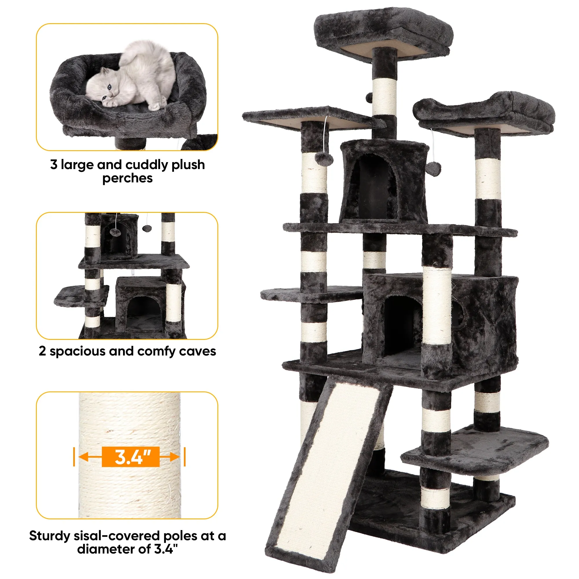 ZENY™ 67in Cat Trees with Sisal Scratching Posts Perches and Condo